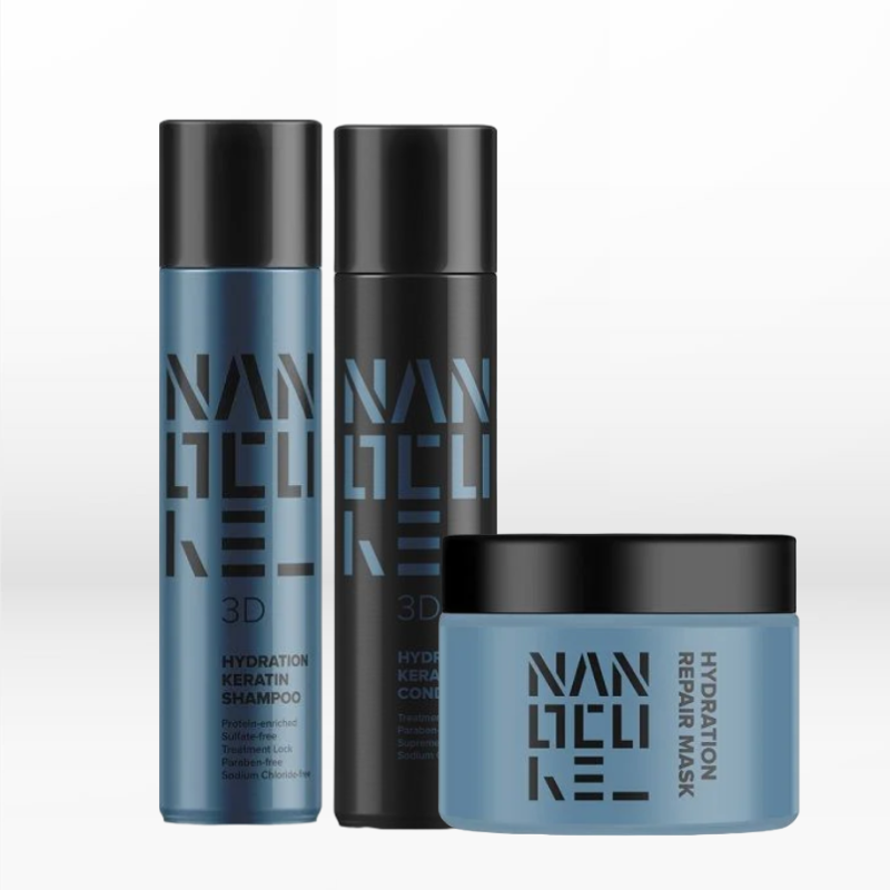 Keratin Nanocure 3D Hydration Trio (Shampoo 500ml, Conditioner 500ml, Hydration Mask 250ml)