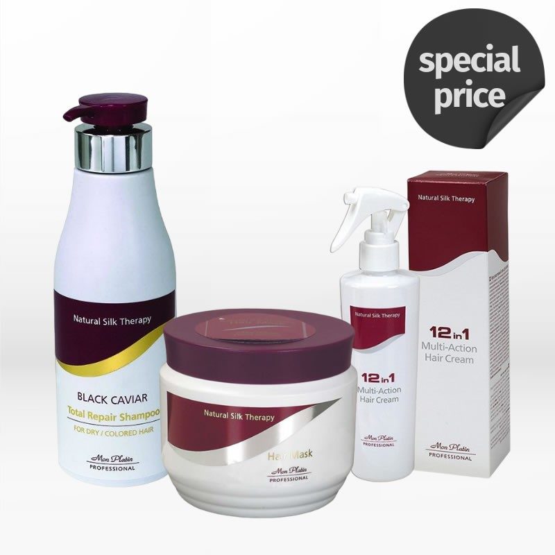 Mon Platin Black Caviar Total Repair Trio for Dry & Color-treated Hair (Shampoo 500ml, Mask 250ml, 12 in 1 Cream 250ml)