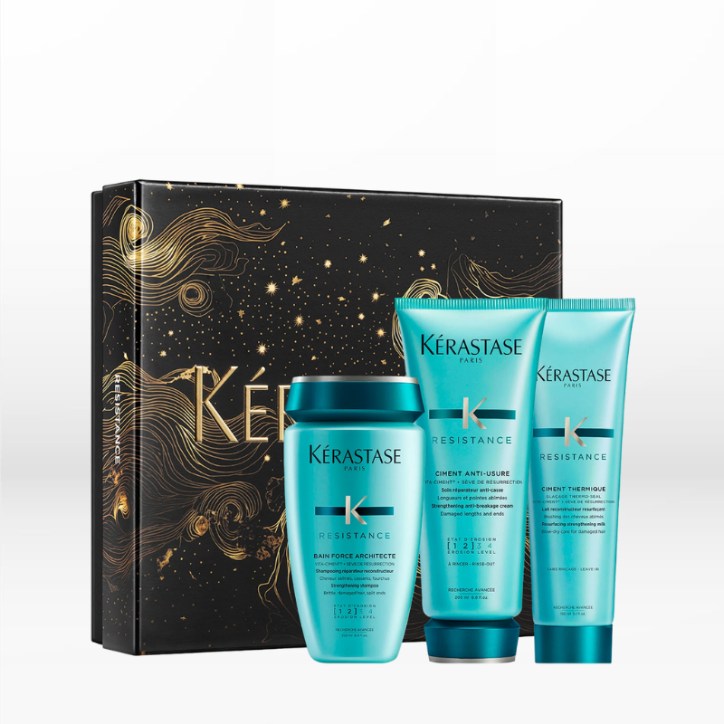 Kerastase Resistance Fondant Holiday Set for Damaged Hair (Shampoo 250ml, Conditioner 200ml, Thermique 150ml)